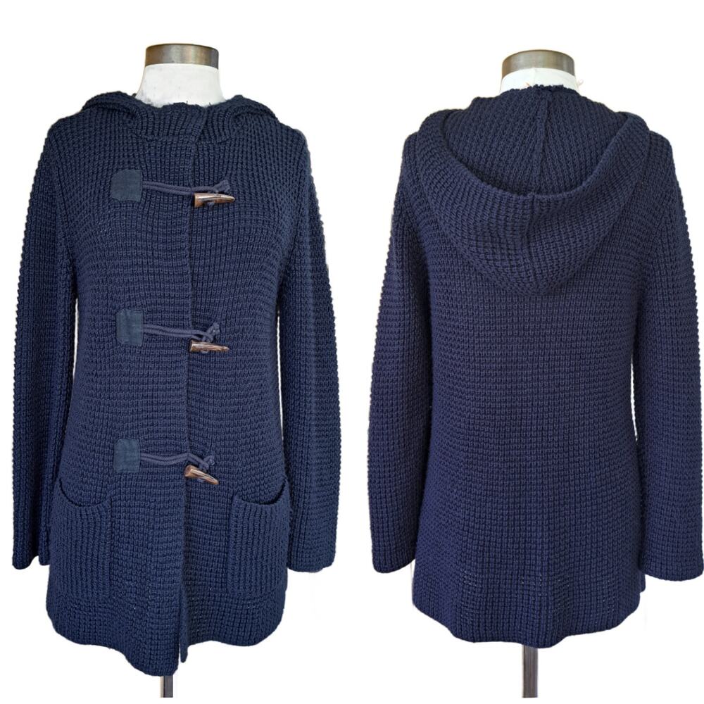 J McLaughlin Chunky Hooded Cardigan Sweater Medium Navy Toggle Fisherman Wool